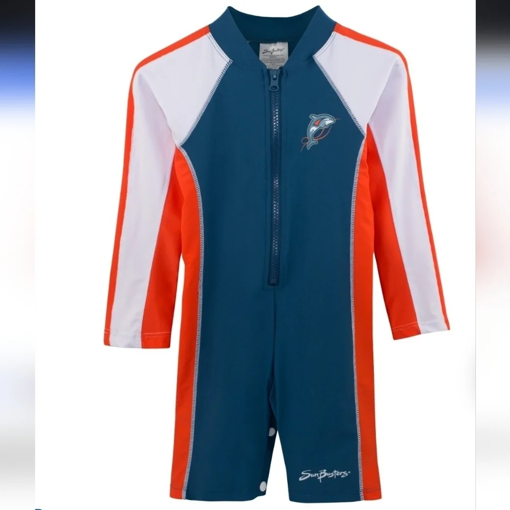 SunBusters Boys Long Sleeve Sunsuit Swimsuit UPF 50+ Blue Orange NWT 12-18 Month